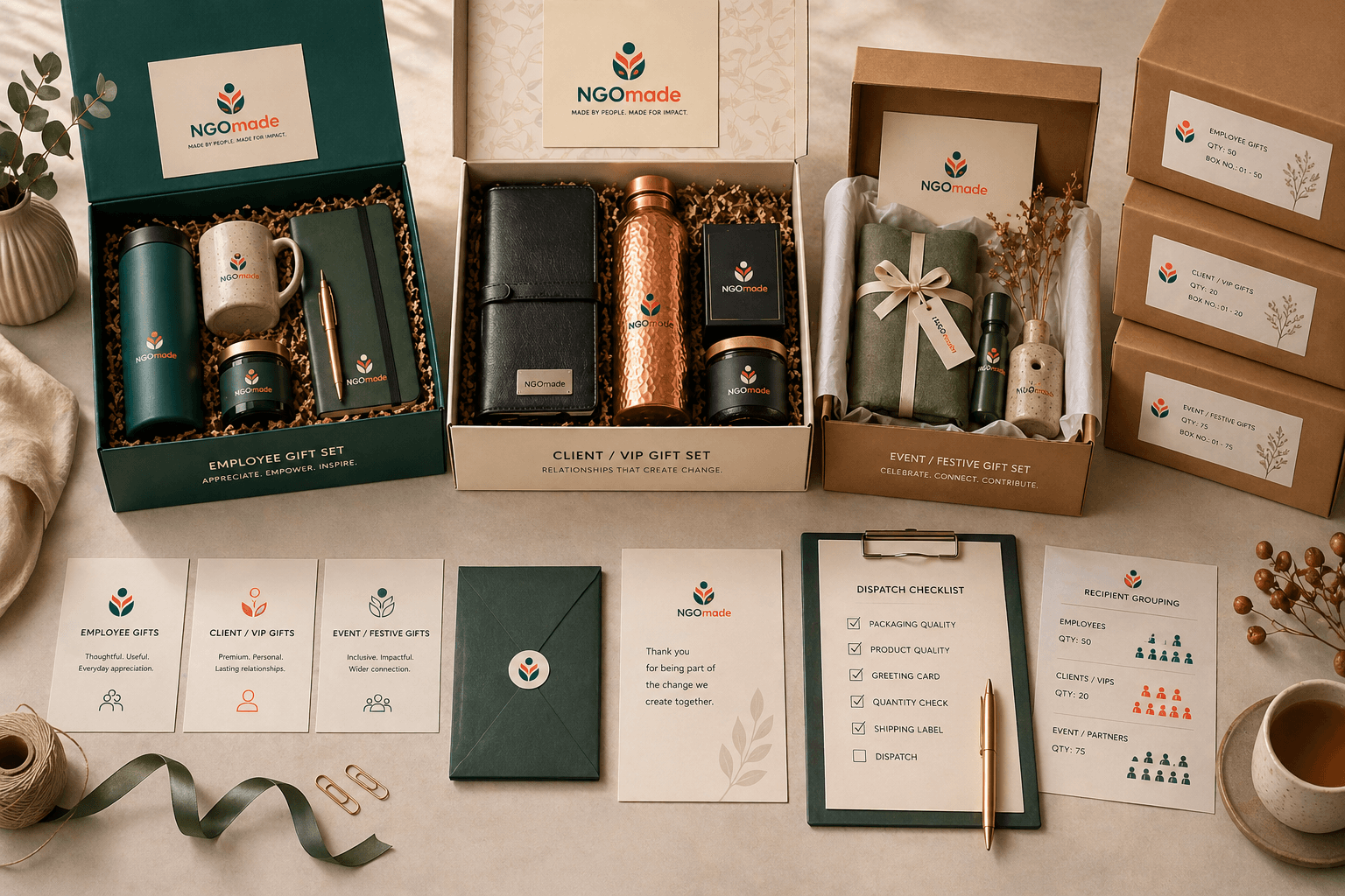 Segmented corporate gifting hampers with branded packaging and delivery-ready inserts for procurement planning