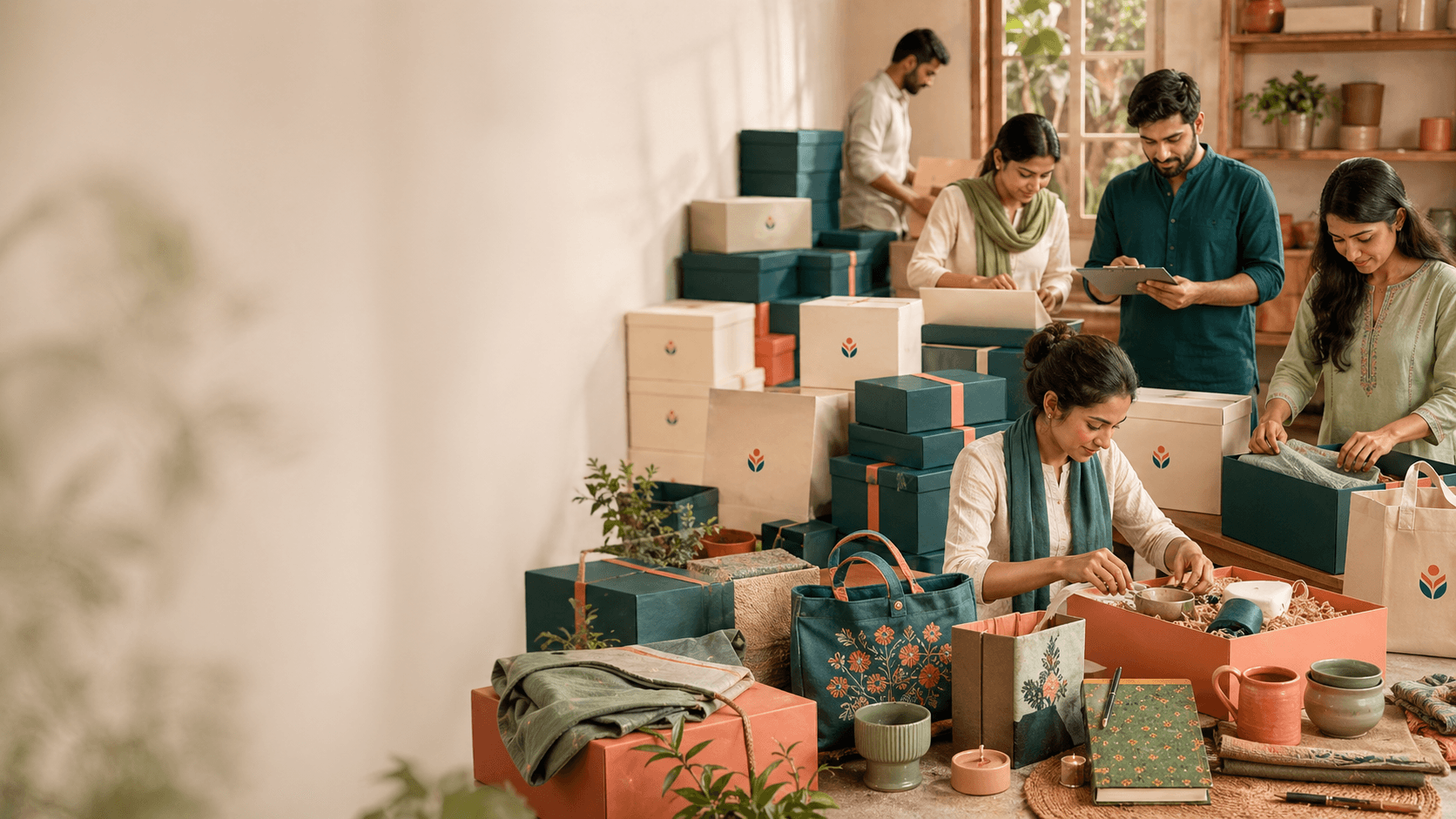 A team planning and packing NGOmade corporate gift boxes, tote bags, and curated hampers in a studio workspace.