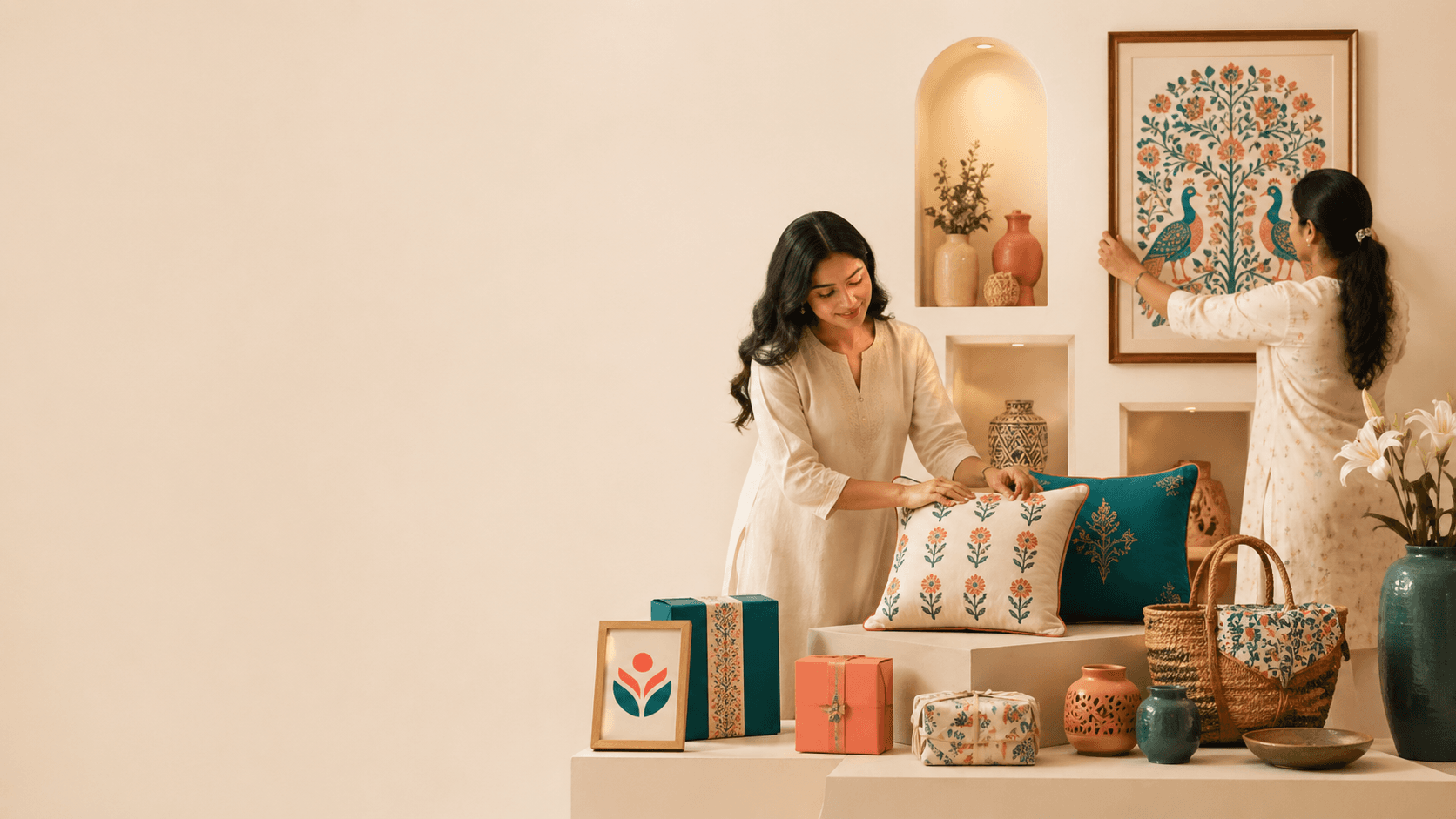 Women styling handmade NGOmade home and gifting products in a warm editorial interior setting.
