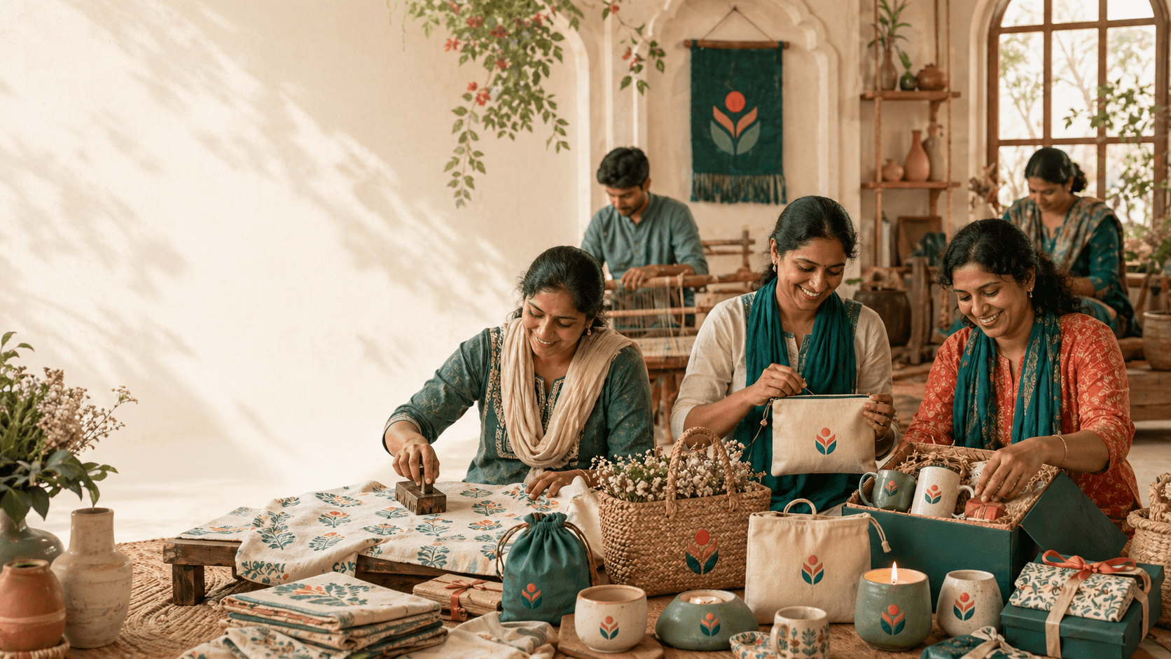 Artisans and maker communities preparing handcrafted NGOmade products and packaging together in a workshop setting.