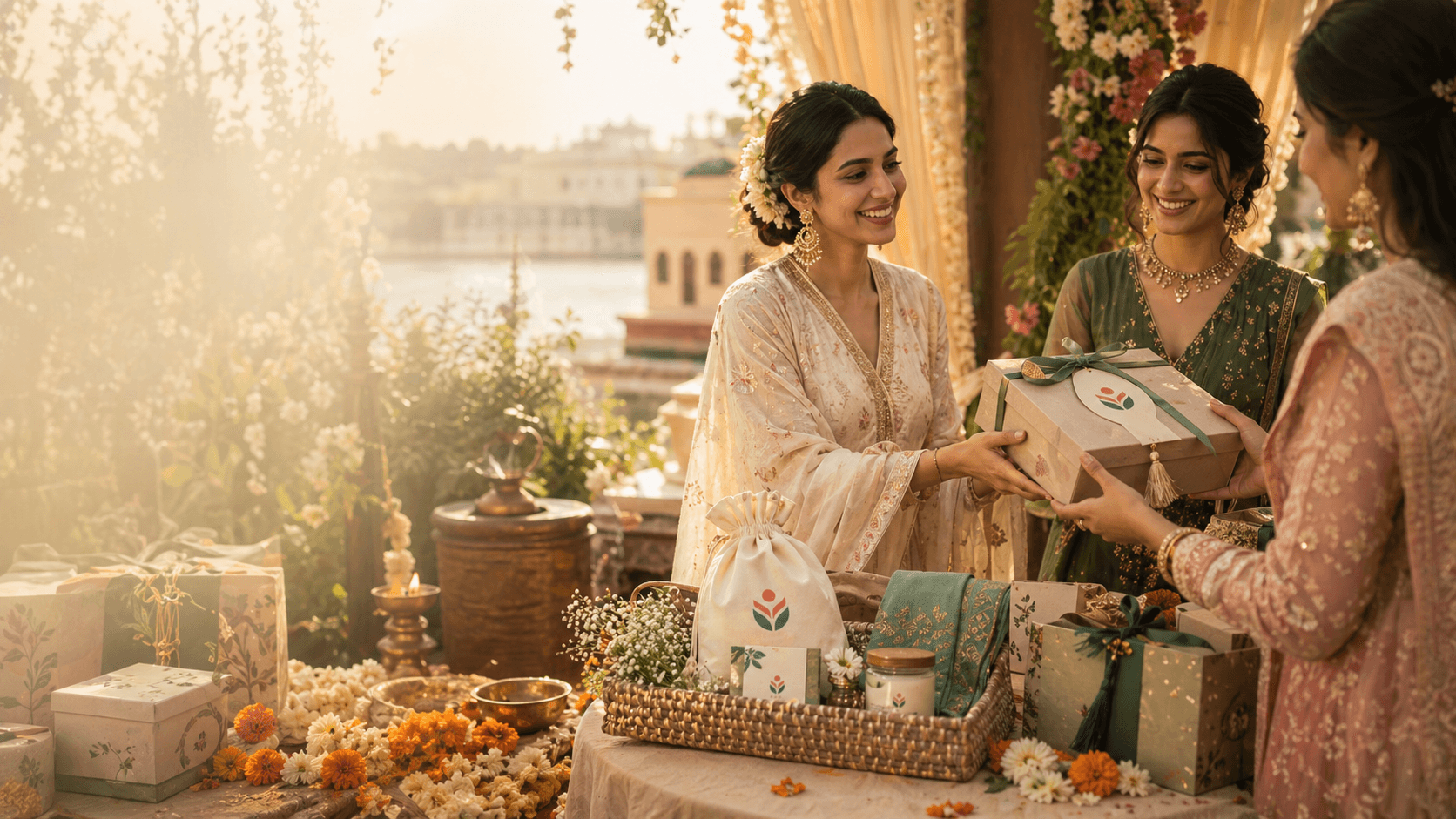Women exchanging an NGOmade wedding gift hamper in a floral celebration setting.